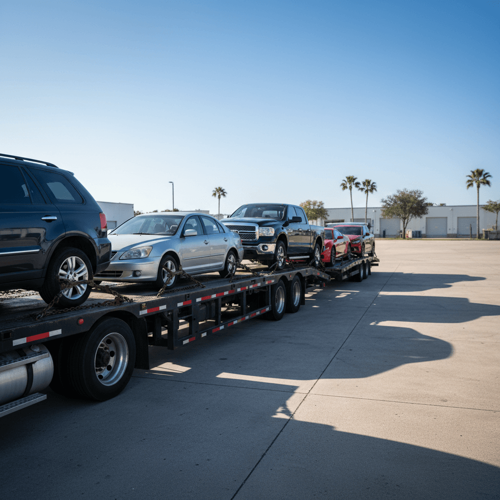 Professional car hauler loaded with multiple vehicles secured on flatbed trailer