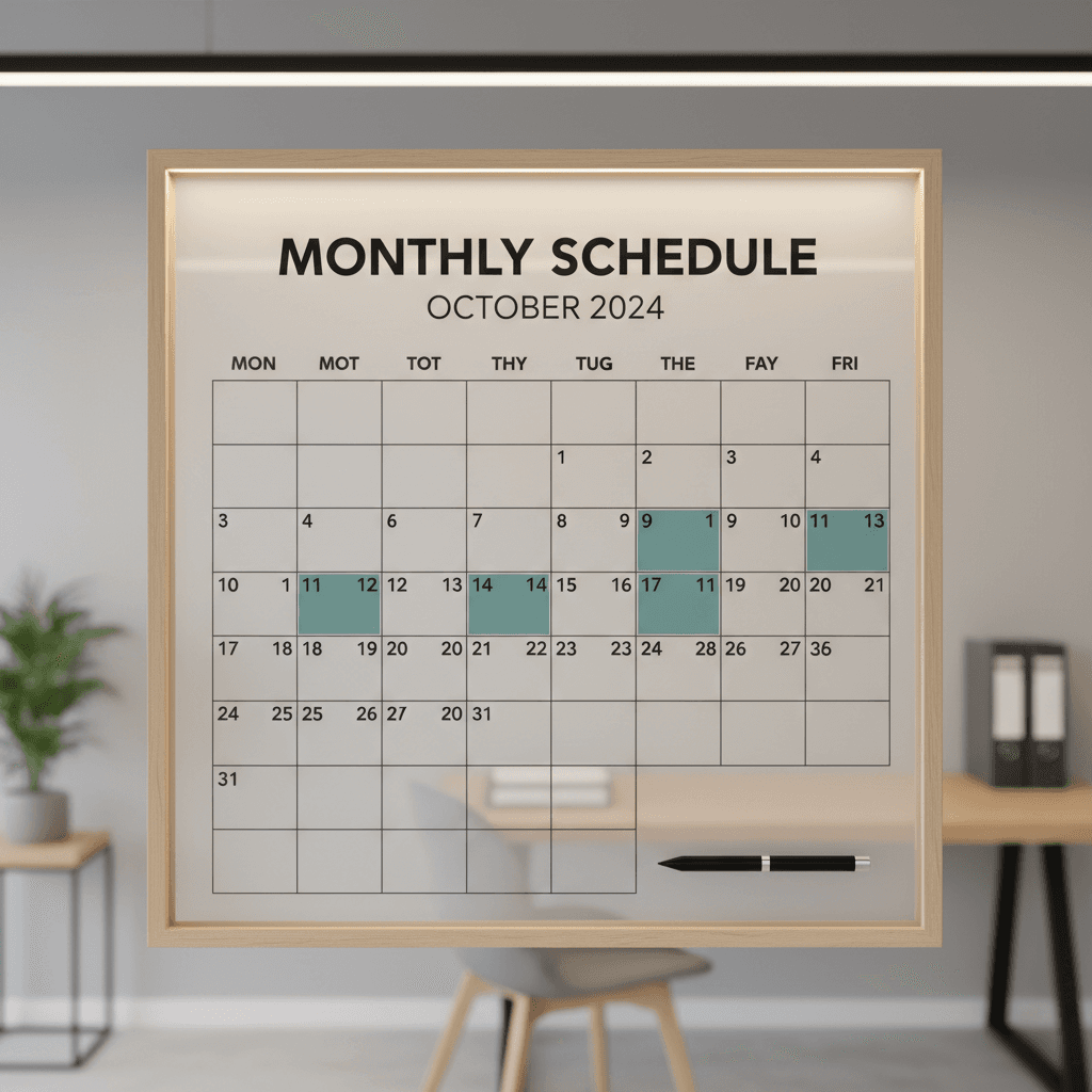 Wall calendar with scheduled service dates and consistent pickup days marked