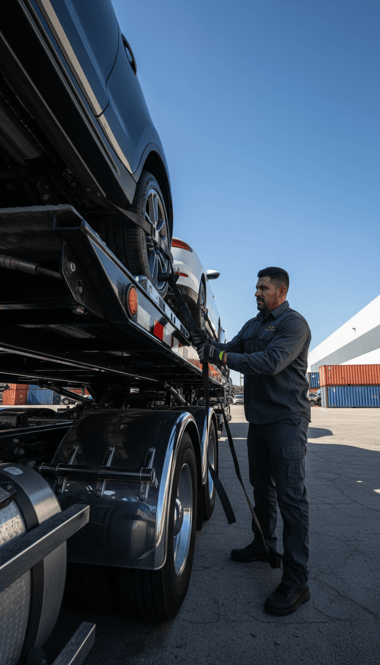 Professional towing operator securing vehicle to flatbed trailer