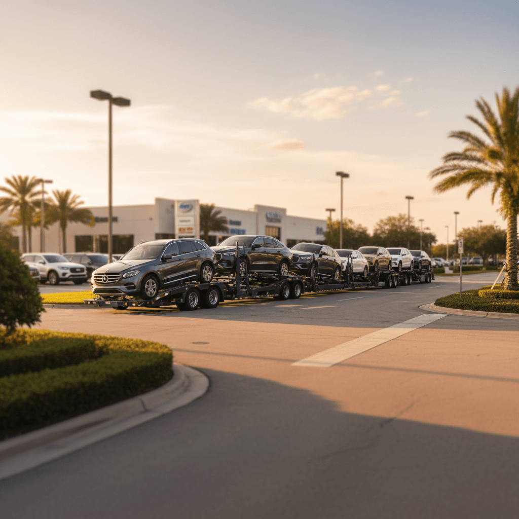 Car hauler departing dealership lot with loaded vehicles