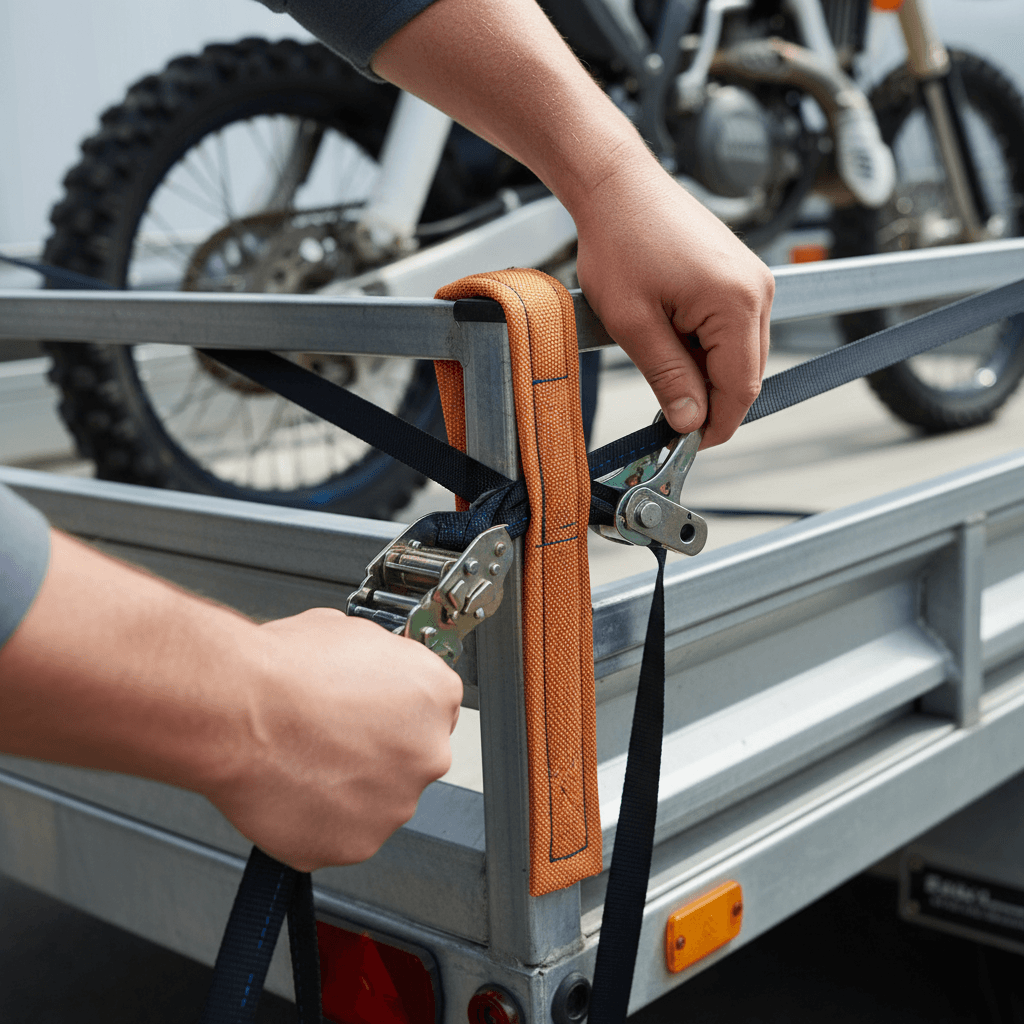 Close-up of protective straps securing vehicle on trailer