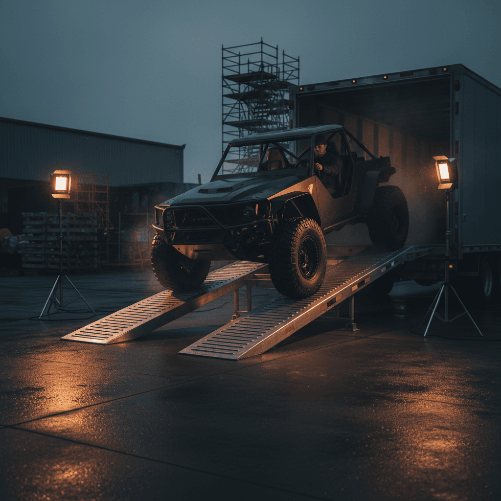 Vehicle being loaded efficiently onto transport trailer