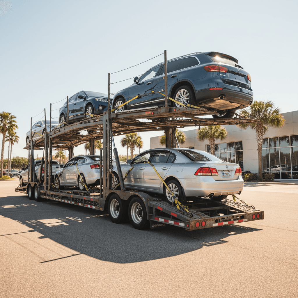 Open trailer with multiple vehicles loaded for transport