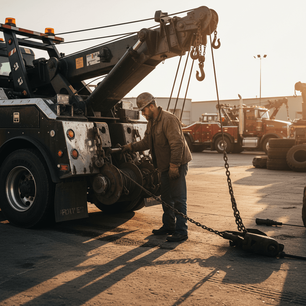 TOWING BY SOTO LLC operator inspecting tow truck equipment in Orlando