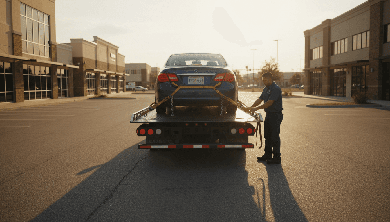 Professional tow truck with secured vehicle and operator performing safety check