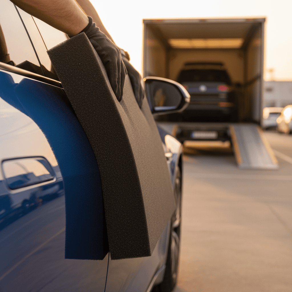 Protective padding being carefully positioned against vehicle during loading